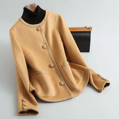 Women’s Round-Neck Short Coat with Contrast Trim
