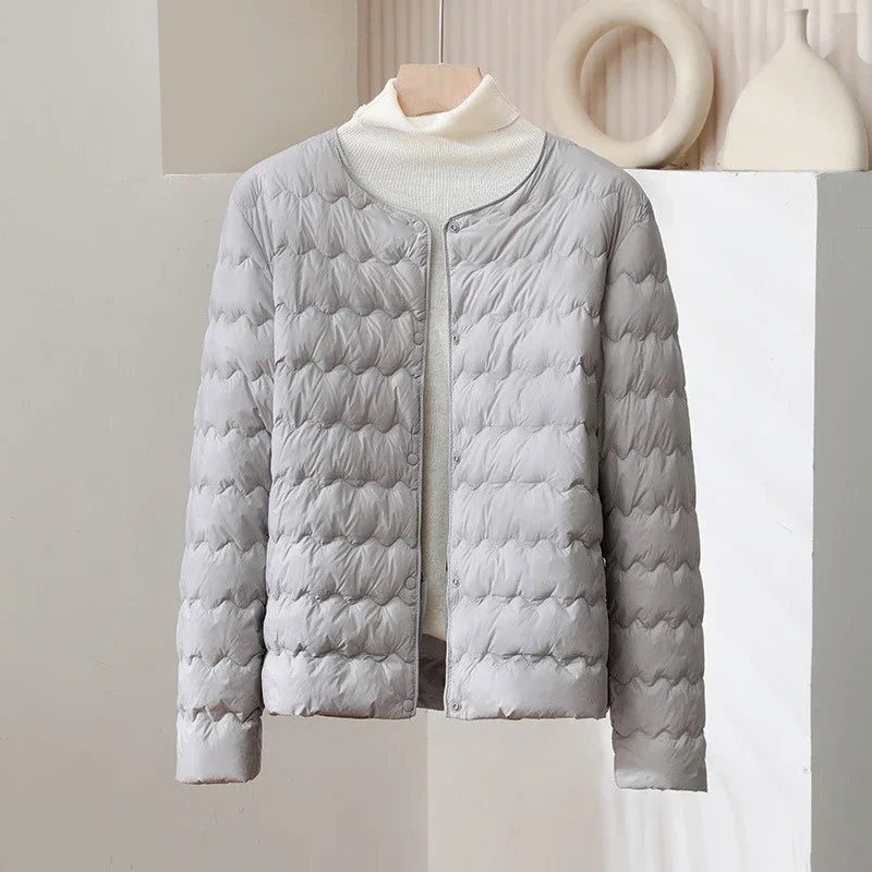 Women’s Thin Down Jacket with Adjustable Collar and Snap Buttons