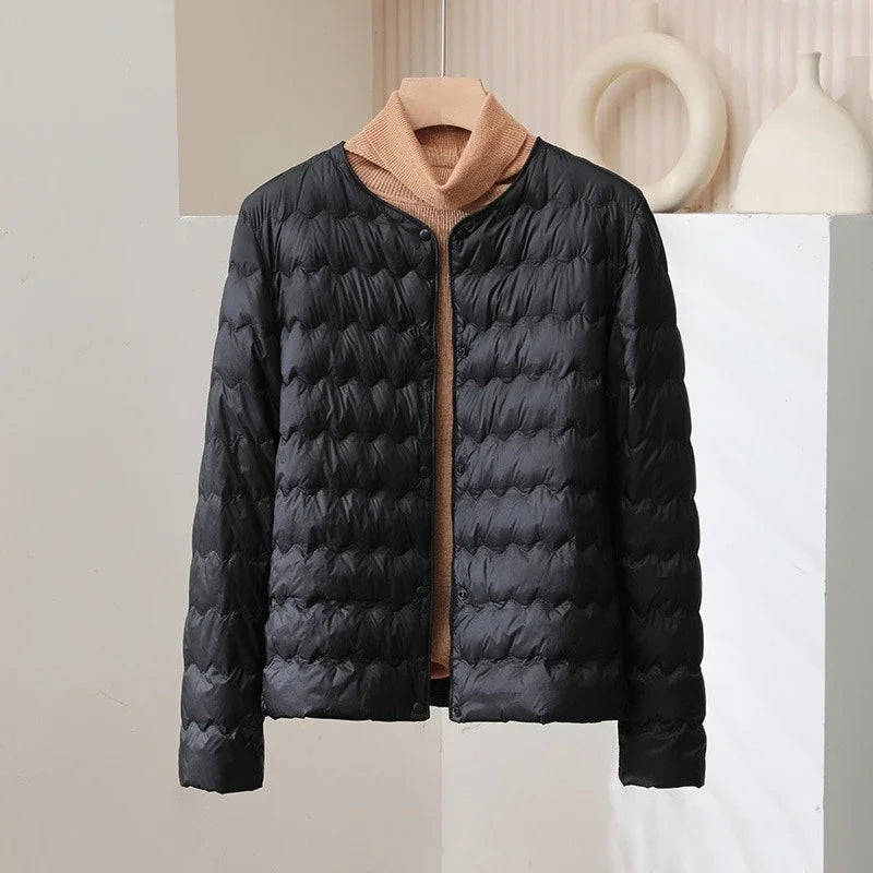 Women’s Thin Down Jacket with Adjustable Collar and Snap Buttons