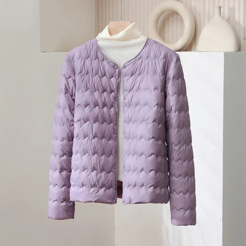 Women’s Thin Down Jacket with Adjustable Collar and Snap Buttons