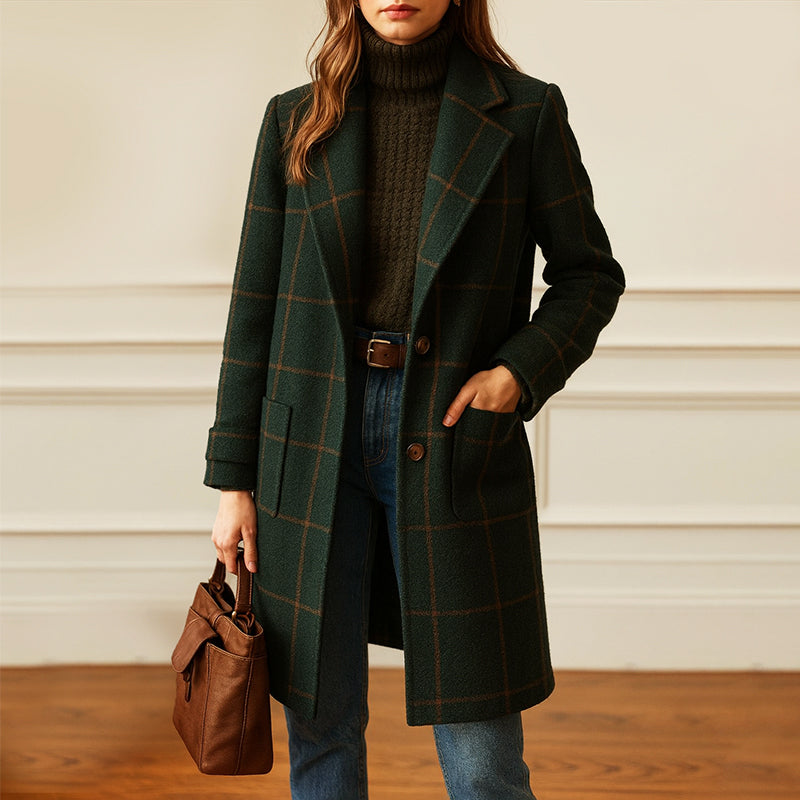 Women’s Trench-Style Coat with Check Pattern