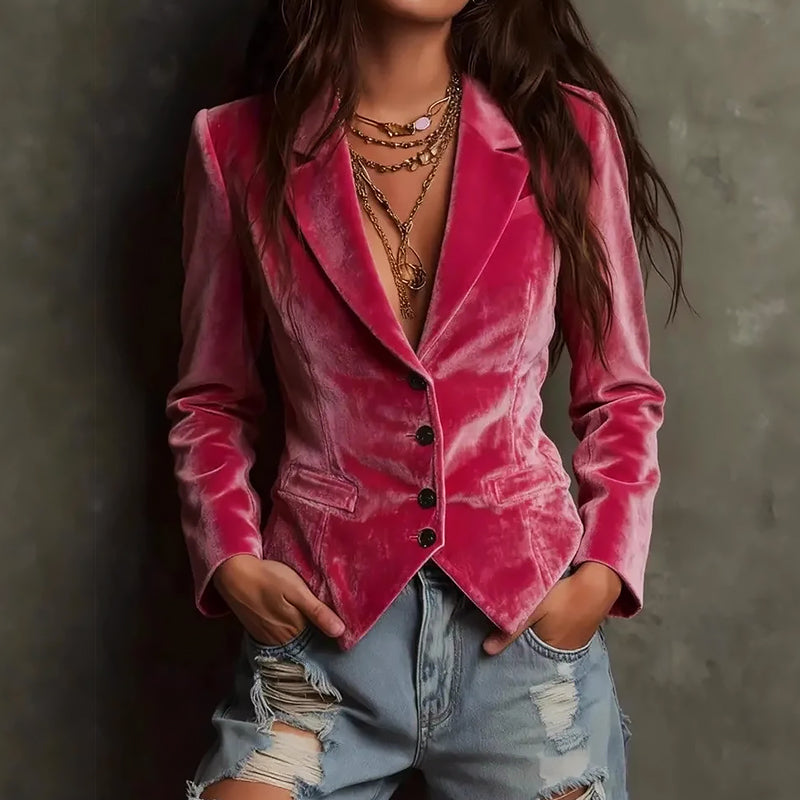 Women’s Velvet Fitted Blazer with Button Front