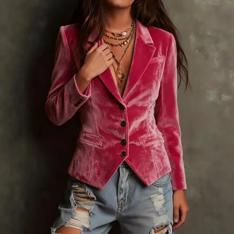 Women’s Velvet Fitted Blazer with Button Front
