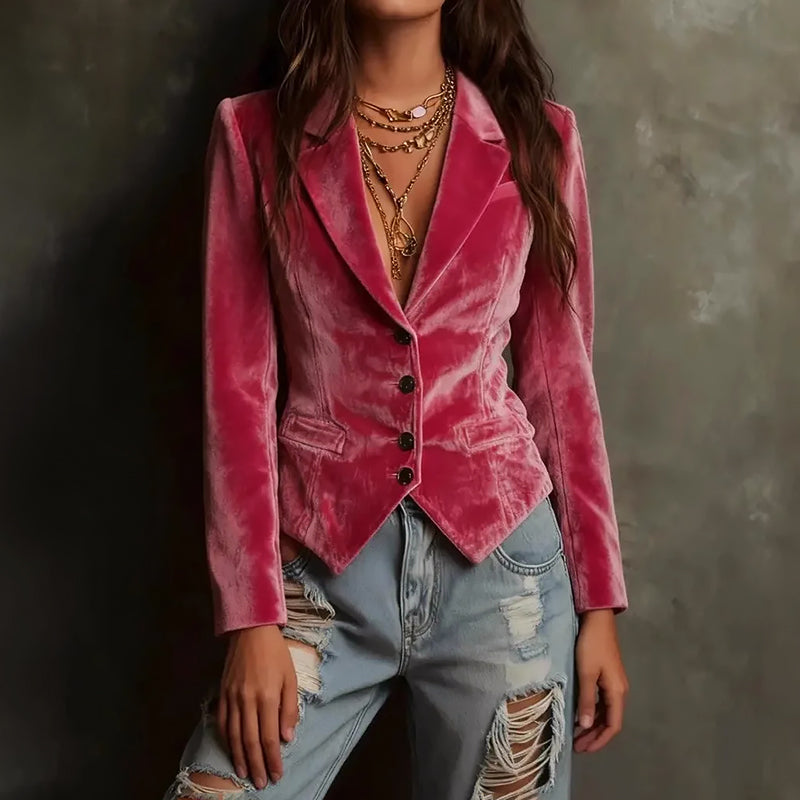 Women’s Velvet Fitted Blazer with Button Front