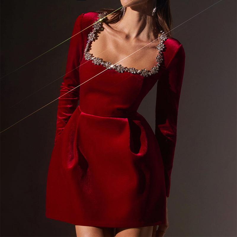 Women’s Velvet Mini Dress with Embellished Neckline