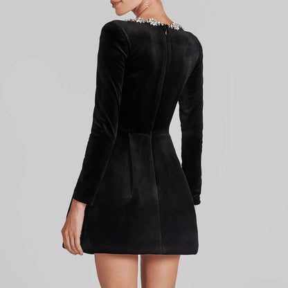 Women’s Velvet Mini Dress with Embellished Neckline